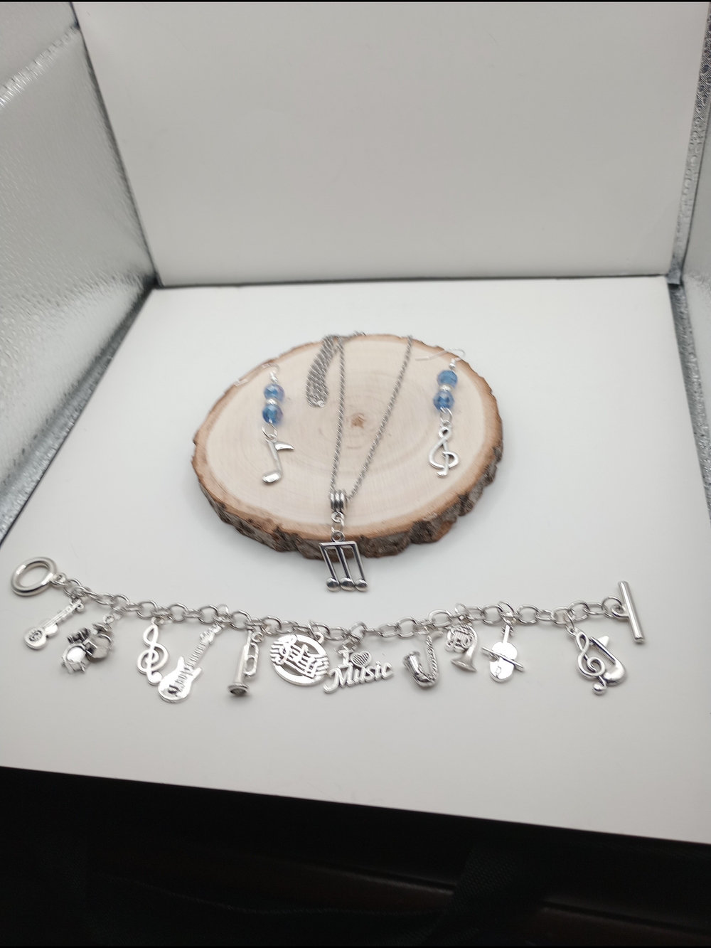 Silver Music Note Charm Bracelet and Necklace Set in Blue